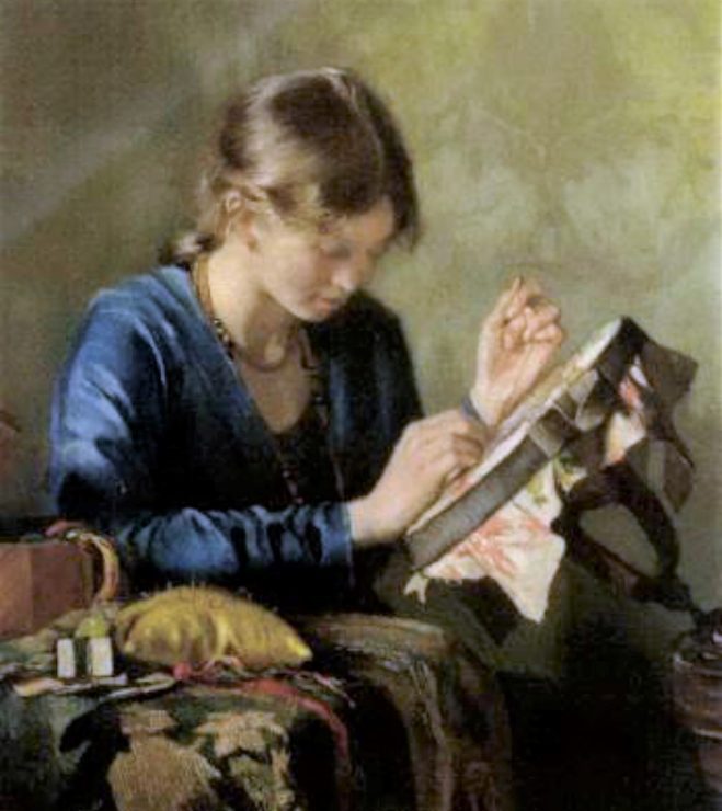 Bordurende vrouw met blauwe blouse (1916)