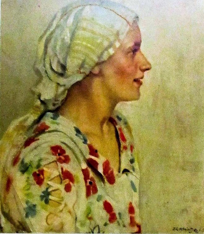 Portret Coba Klomp met hoofddoek en bloemetjesjurk