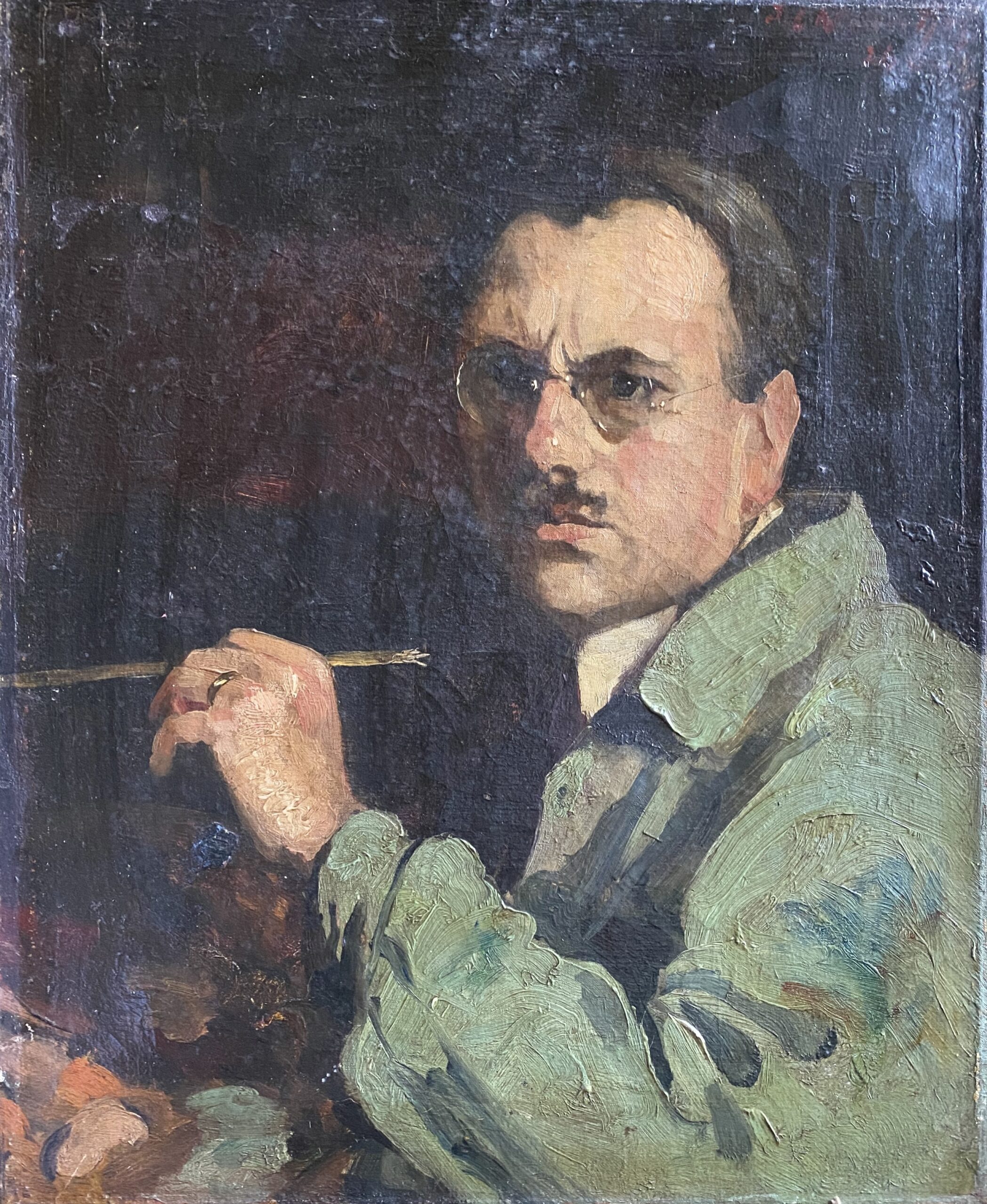 Zelfportret Jan Kleintjes als kunstschilder in groene jas