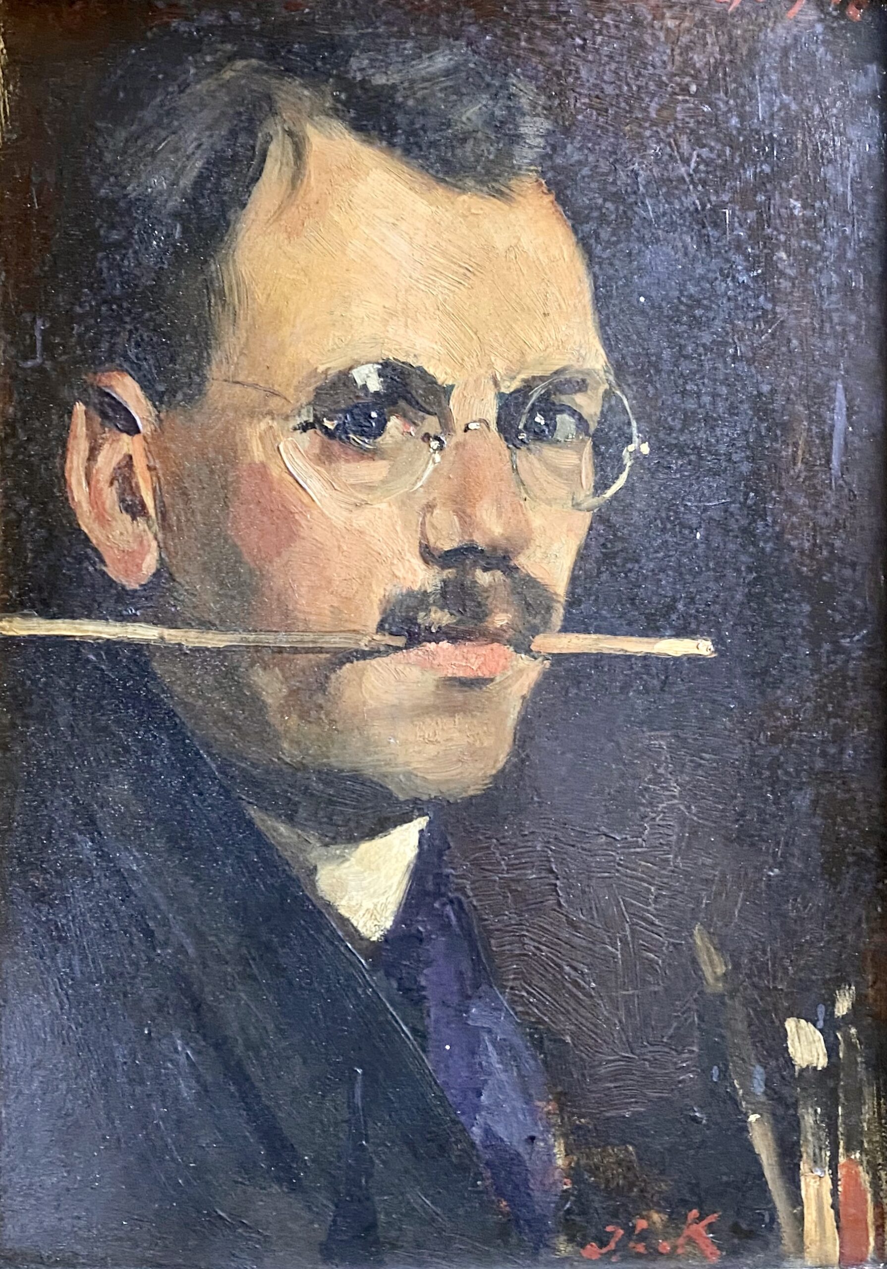 Zelfportret Jan Kleintjes met penseel in de mond