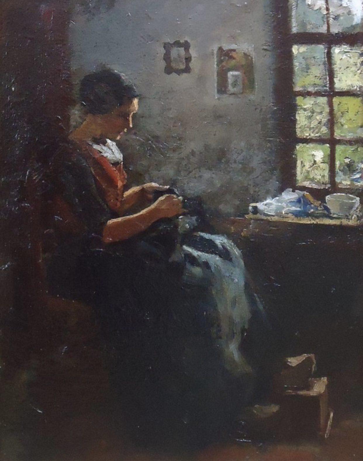 Hardwerkend meisje in Veluws boereninterieur (ca 1895)